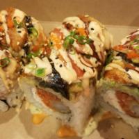 Mcdermott Roll · One large roll with shrimp tempura, spicy tuna, crab salad, topped with fresh avocado, seare...