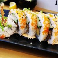 Spider Roll · Soft shell crab, cucumber, avocado, kaiware (Japanese sprouts), with teriyaki, masago, and s...