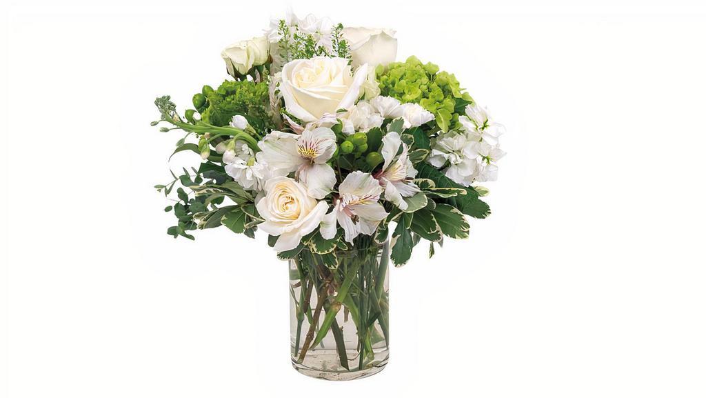 Pure Grace All Around · This elegant all-white arrangement includes farm-fresh roses, alstromeria, and carnations arranged in a timeless style.

Standard All-Around: 12