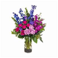 Sapphire · This floral arrangement is as precious as a jewel! Gorgeous flowers in blues, lavender, mage...