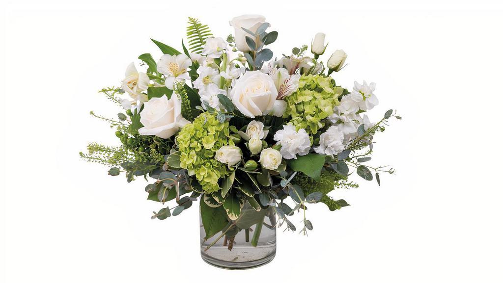 Pure Grace Deluxe · This elegant all-white arrangement includes farm-fresh roses, alstromeria, and carnations arranged in a timeless style.

Deluxe All-Around: 14