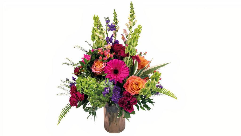 Bellini All Around · Jump into summer with this eye-turning combination of fresh snapdragons, gerberas, roses and hydrangea elegantly arranged l in a charming, vintage inspired rose vase!

All Around: 26