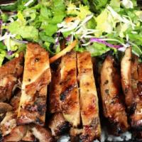 Chicken Teriyaki · grilled marinated Dark meat
with steam rice and salad
1 teriyaki sauce and salad dressing