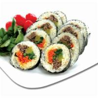 Kimbap · Seasoned, steamed rice rolled in a dried seaweed with fully cooked ingredients such as an eg...