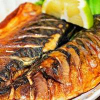 Grilled Mackerel · Includes rice sides and soup.