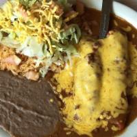 Enchiladas Plate · Three cheese enchiladas topped with chile con carne and more cheese.