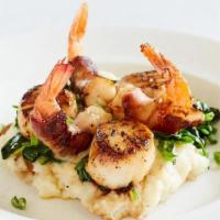 Seared Georges Bank Scallops & Applewood Bacon Wrapped Shrimp · Old Bay beurre blanc, garlic wilted spinach, mashed potatoes