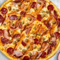 Make It Or Meat It Pizza · Mozzarella, pepperoni, Canadian bacon, hamburger, and sausage baked on a hand-tossed dough.
