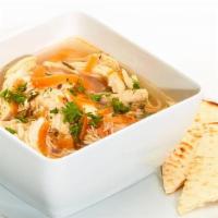 Soup · Bowl of our fresh homemade lemon chicken soup served with soft pita