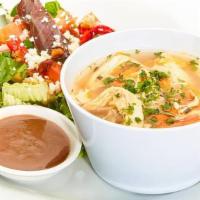 Soup With Greek · Our Lemon Chicken Soup with our Greek Salad. Fresh mixed lettuce, tomatoes, cucumbers, roast...