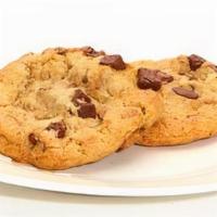 Chocolate Chip Cookies · Two baked cookies.