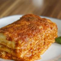 Lasagna · Layers of pasta with ricotta cheese, meat, marinara and topped with melted mozzarella