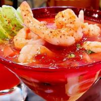 Coctel De Camaron New! · A classic mexican shrimp cocktail made with shrimp, tomatoes, celery, onions, cilantro and s...