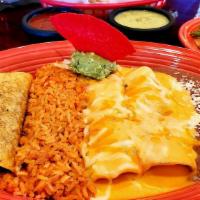 Plato Deluxe · 2 cheese enchiladas with queso, a crispy beef taco, chalupa, and guacamole. Served with rice...