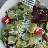 Greek Salad · Romaine lettuce blend, tomato, cucumber, kalamata olives, feta, and Greek vinaigrette. Add c...