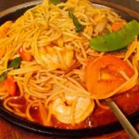 Thai Dee Luxe · Spicy stir fried lo-mein noodles with marinated shrimp, pea pods, bell peppers, jalapenos, o...