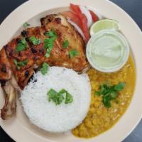 Chicken Tikka Combo · Grilled Chicken Tikka served with Daal (Lentils in Curry), White Rice, and Salad.