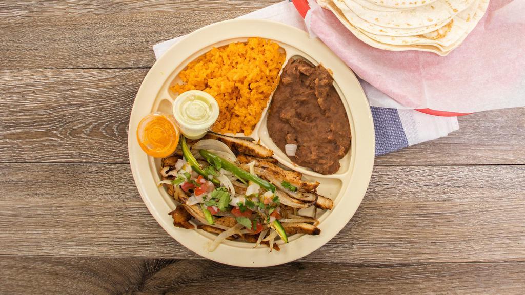 Fajita Platter · Grilled Fajita served with Mexican-Style Rice, Beans, Lettuce & Sour Cream, 3 Tortillas, and Pico de Gallo