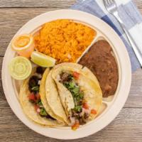 Taco Platter · 2 Tacos served with Mexican- Style Rice, Beans, and Pico de Gallo