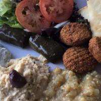 Vegetarian Plate · Dolmas, tzatziki, hummus, baba ghanoush salad, falafel.