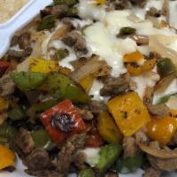 Alambres · With bell peppers, onions, problano peppers and cheese, served with tortillas and choice of ...