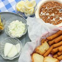Set-Up · Set up includes beans, coleslaw, tomato relish, pickles and pickled okra,  6  hushpuppies an...