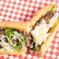 Mid Cities Steak & Cheese · Tender Sirloin with seasoned peppers and onions smothered with Provolone and Pepper Jack che...