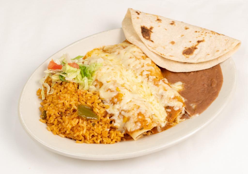 Pollo Jack Enchiladas · Two chicken enchiladas covered in salsa monterey and topped with melted monterey jack cheese.