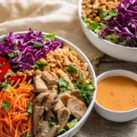 Thai Chicken Salad · Kneaders greens, grilled chicken breast, sliced carrots, red cabbage, red bell peppers, cash...