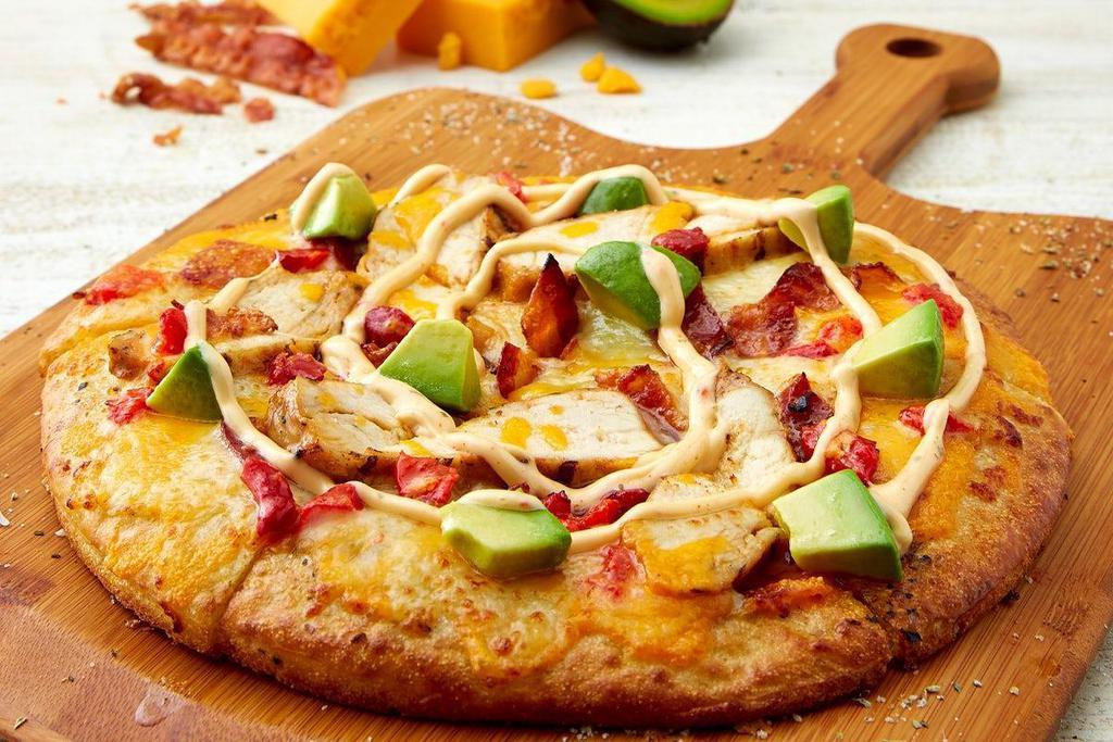 California Chicken Pizza · chicken | bacon | 2 cheeses | avocado | roasted red peppers | chipotle mayo.