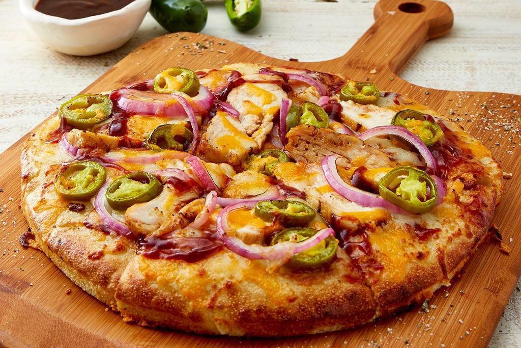 Bbq Chicken & Jalapeno Pizza · chicken | 2 cheeses | BBQ sauce | onion | pickled jalapeños.