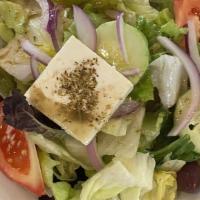 Gold Medal Greek Avocado Salad · Fresh iceberg lettuce and spring mix with tomato, red onion, cucumber, feta cheese, bell pep...