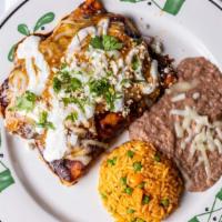 Enchiladas · Our signature classic dish, made with your favorite filling, covered in tomato salsa, green ...