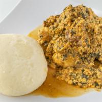 Egusi Soup W/ Pounded Yam · Fresh egusi soup infused with a variety of  West African Seasonings complete with a side of ...