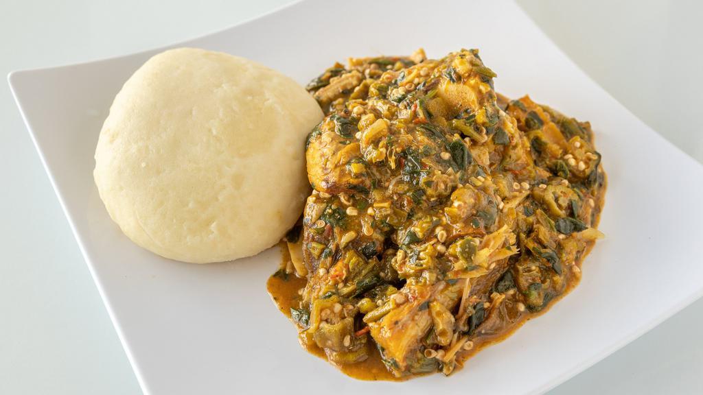 Okra Soup W/ Pounded Yam · Traditional West African Okra Soup slow cooked to perfection complete with Pounded Yam.
