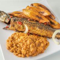 Mackarel W/ Honey Beans & Plantains · Whole freshly prepared  mackerel with smooth flavorful honey beans and sweet ripe plantains.