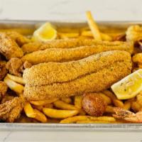 Pick Three Fried Platter · Choose 3 items from Shrimp, Catfish, Whole Catfish, Oysters, Chicken Tenders, Wings, Em's Wh...