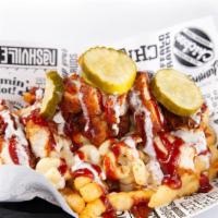 Bbq Mac Fries · Seasoned Crinkle Fries loaded with White Cheddar Mac & Cheese, BBQ spiced Chicken and drizzl...