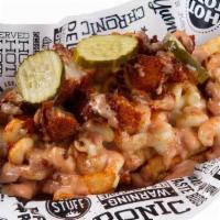 Nashville Mac Fries · Seasoned crinkle fries loaded with white cheddar mac and cheese, Nashville hot chicken, come...