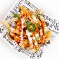 Maple Sriracha Fries · Small Seasoned Fry topped with Maple Sriracha Sauce, House-made Buttermilk Ranch Dressing, F...