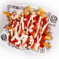 Buffalo Ranch Fries · Small Seasoned Fry topped with Buffalo Sauce and House-made Ranch Dressing.