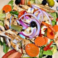 Grilled Chicken Salad · Grilled chicken breast, lettuce, tomatoes, onions, pickled veggies, and black olives.
