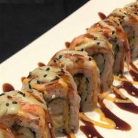 Shaggy Dog (8) · Shrimp tempura, cream cheese, avocado rolled w/ seaweed, rice topped w/ shredded crabsticks;...