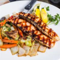 Teriyaki - Salmon · Grilled protein drizzled with teriyaki sauce and served with sautéed vegetables choice of st...