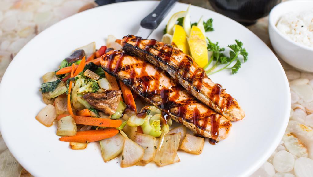 Teriyaki - Salmon · Grilled protein drizzled with teriyaki sauce and served with sautéed vegetables choice of steamed rice or vegetable fried rice.