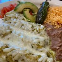 Enchiladas Verdes · Three chicken enchiladas, rice, beans, and salad.