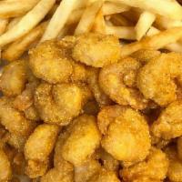 Popcorn Shrimp Platter · Comes with a choice of rice or fries and three hushpuppies.