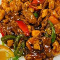 Jalapeño Triple Delight · hot and spicy.     Chicken, beef,and shrimp stir fry in spicy brown sauce with bell peppers.