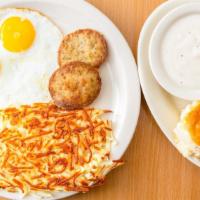 Bacon & Eggs · Two eggs any style, three strips of bacon with hash browns and biscuits and gravy.