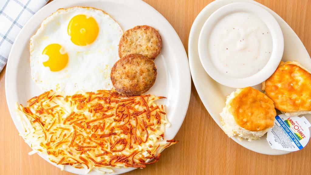 Bacon & Eggs · Two eggs any style, three strips of bacon with hash browns and biscuits and gravy.